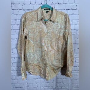 Lauren Ralph Lauren Womens Paisley Button Down Cream Tan Size L Forest Fairy